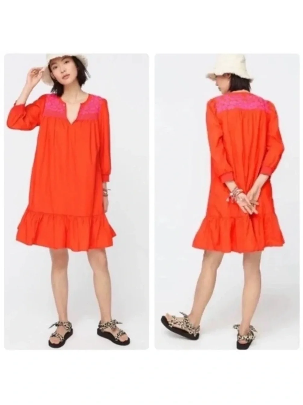 J.Crew Leda Embroidered Popover Dress XS Red Pink Floral Cotton Ruffle Pockets